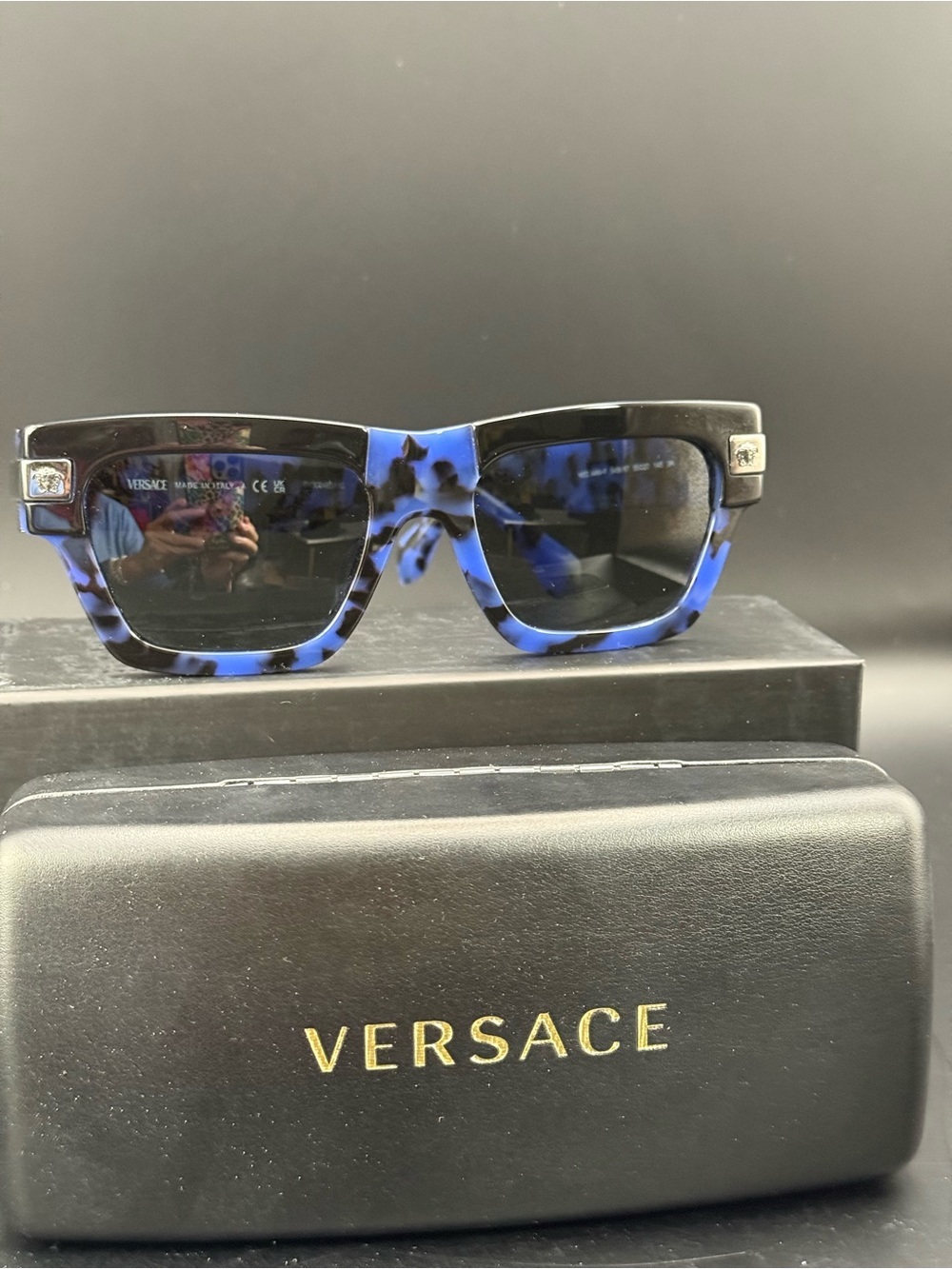 Versace Blue and Black Tortoise Temple Sunglasses New‎ in Box